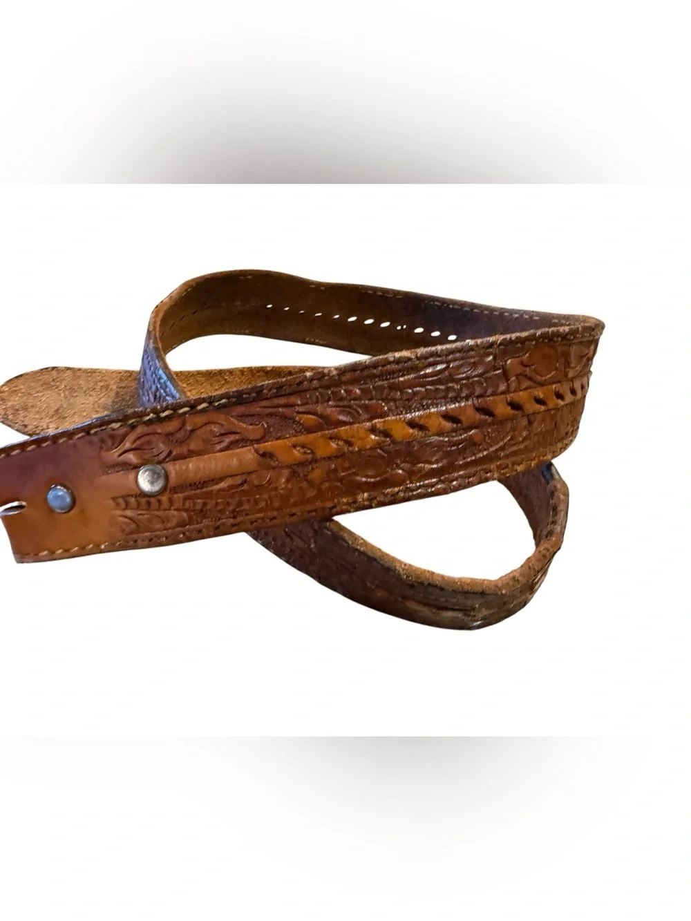 Vintage Hand Tooled Brown Leather Belt Western Style Mens Size 32 NO BUCKLE